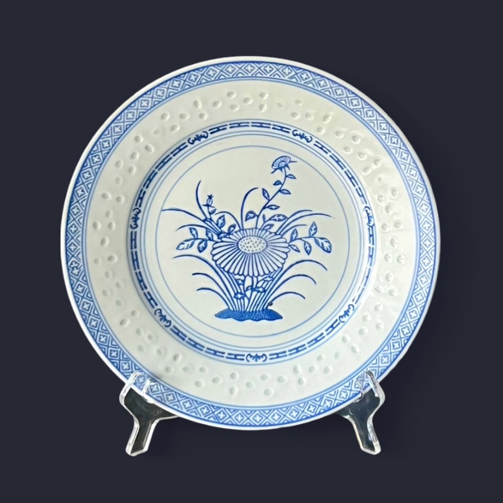 SET of 4 Vintage Jingdezhen Rice Eye Grain 10” Plates White Blue Porcelain 🇨🇳